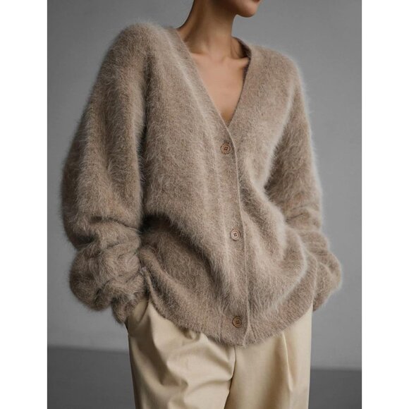 Womens Fuzzy Cardigan Sweater V Neck Long Sleeve Button Down Casual Knit - Picture 2 of 6